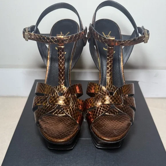 PRE-OWNED - Yves Saint Laurent Tribute Metallic Snakeskin Heel Sandals Size 39.5 - Picture 3 of 14